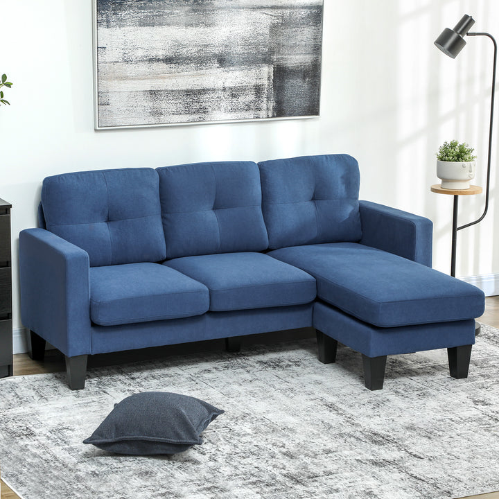 Sofá Chaise Longue Sofá em Forma de L Estofado em Poliéster Sofá de Canto Reversível com 3 Almofadas e Pés de Madeira para Sala de Estar Carga Máxima 180 kg 186x130x84 cm Azul Escuro