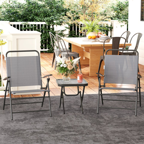 Conjunto de Mesa e Cadeiras de 3 Peças Móveis de Jardim Dobráveis com Encosto Ajustável Bancada de Vidro e Estrutura de Aço Cinza