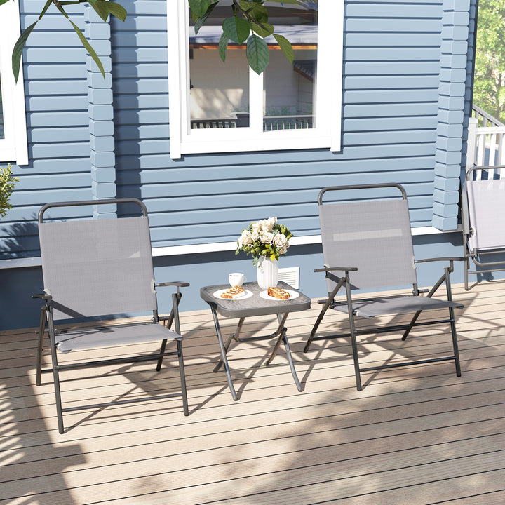 Conjunto de Mesa e Cadeiras de 3 Peças Móveis de Jardim Dobráveis com Encosto Ajustável Bancada de Vidro e Estrutura de Aço Cinza