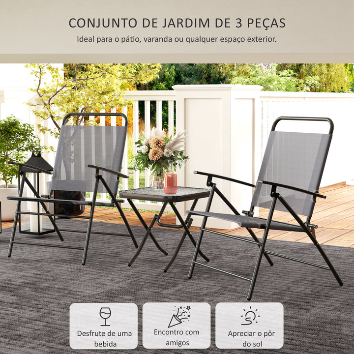 Conjunto de Mesa e Cadeiras de 3 Peças Móveis de Jardim Dobráveis com Encosto Ajustável Bancada de Vidro e Estrutura de Aço Cinza