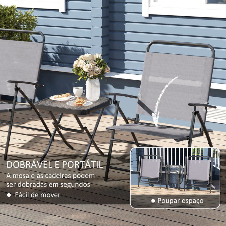 Conjunto de Mesa e Cadeiras de 3 Peças Móveis de Jardim Dobráveis com Encosto Ajustável Bancada de Vidro e Estrutura de Aço Cinza