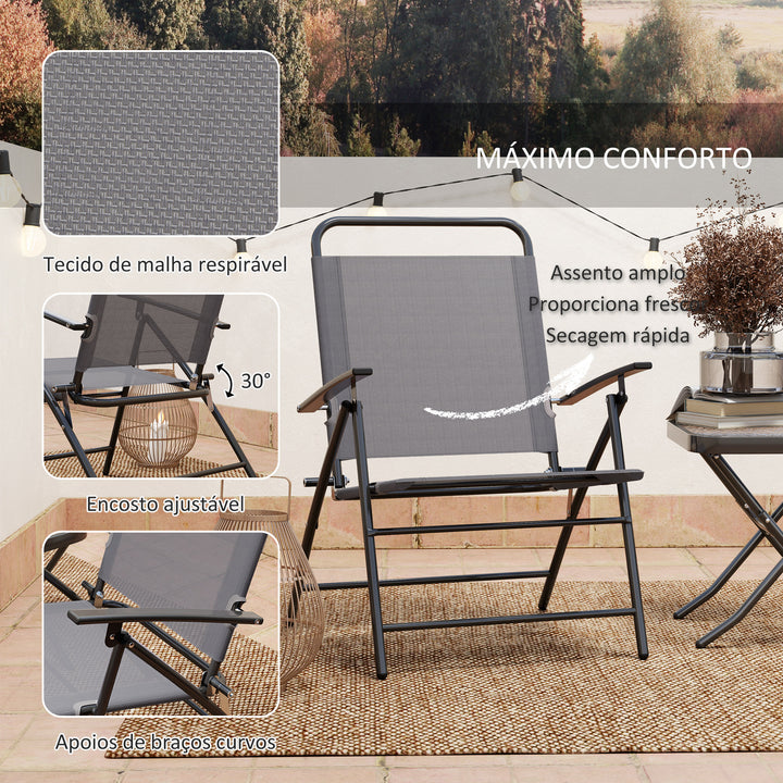 Conjunto de Mesa e Cadeiras de 3 Peças Móveis de Jardim Dobráveis com Encosto Ajustável Bancada de Vidro e Estrutura de Aço Cinza