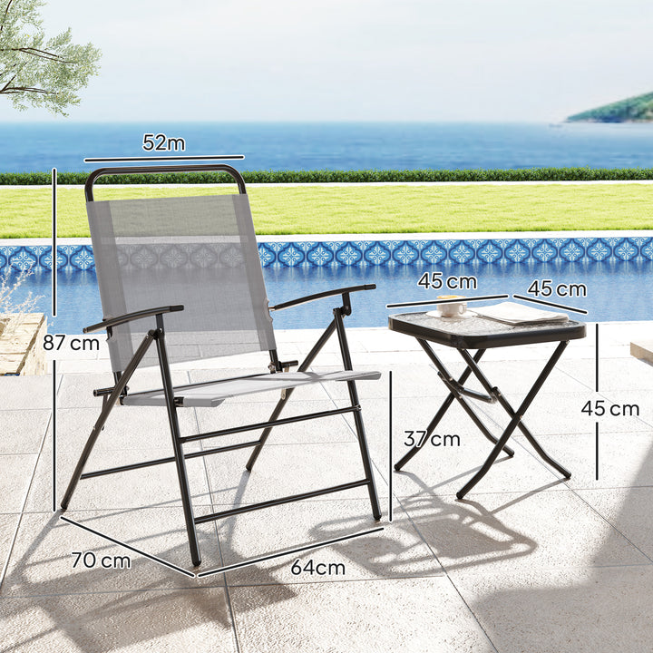 Conjunto de Mesa e Cadeiras de 3 Peças Móveis de Jardim Dobráveis com Encosto Ajustável Bancada de Vidro e Estrutura de Aço Cinza