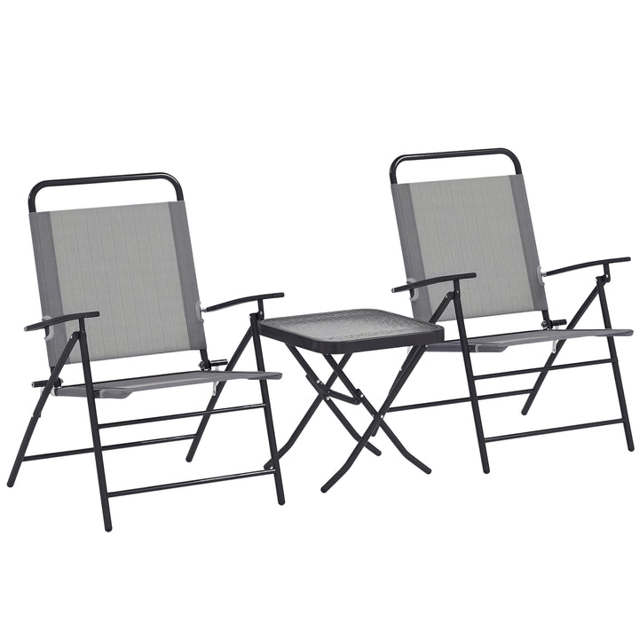 Conjunto de Mesa e Cadeiras de 3 Peças Móveis de Jardim Dobráveis com Encosto Ajustável Bancada de Vidro e Estrutura de Aço Cinza
