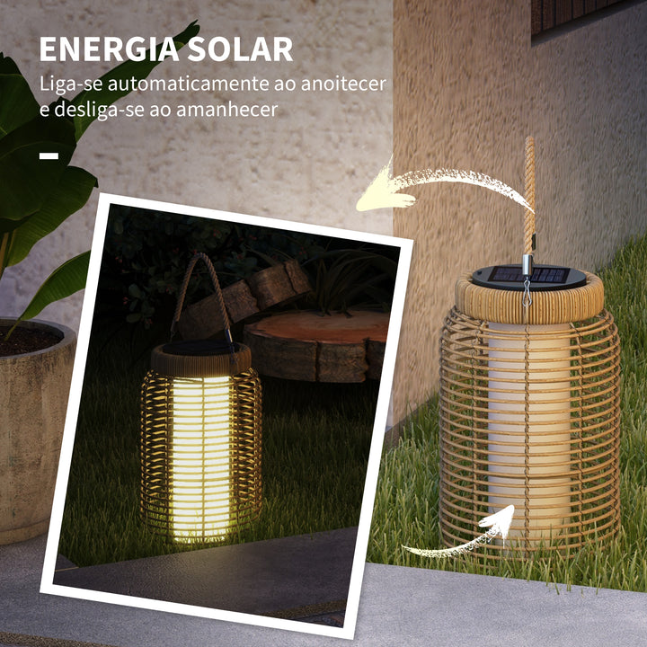 Lanterna Decorativa de Vime Lanterna Solar de Exterior com Painel Solar Luzes LED Ligar e Desligar Automático para Jardim Exterior Ø18x37 cm Preto e Areia