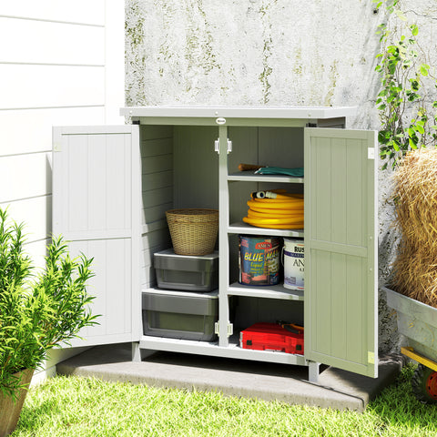 Armário de Jardim de Madeira 75x40x90 cm Armário de Exterior Armário para Armazenamento de Ferramentas com 4 Prateleiras 2 Portas e Telhado de Chapa Galvanizada Cinzento