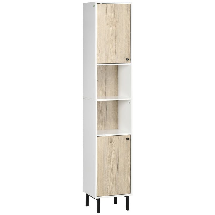 Coluna Casa de Banho Armário Alto Auxiliar de Casa de Banho com 2 Portas e 6 Prateleiras para Duche Estilo Moderno 30x31,5x169cm Branco e Carvalho
