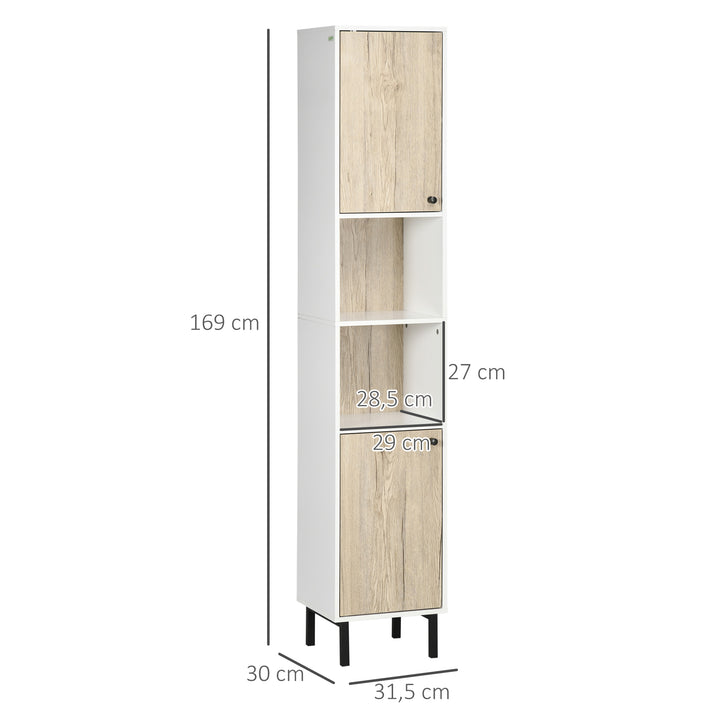 Coluna Casa de Banho Armário Alto Auxiliar de Casa de Banho com 2 Portas e 6 Prateleiras para Duche Estilo Moderno 30x31,5x169cm Branco e Carvalho