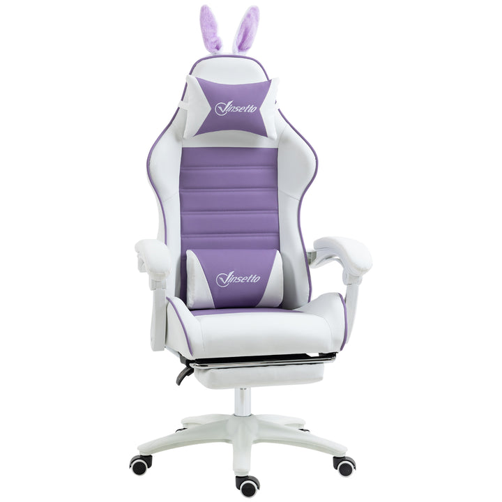 Cadeira Gaming Profissional Cadeira Gamer Giratória de Couro PU com Altura Ajustável Inclinável 135° Apoio para a Cabeça e Apoio para os Pés para Escritório 65x63x136-142 cm Branco e Roxo