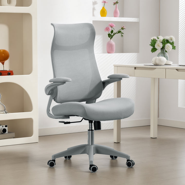 Cadeira de Escritório Ergonómica Cadeira de Escritório Giratória com Suporte Lombar e Apoios de Braços 3D Dobráveis Apoio de Cabeça Integrado Função de Basculante e Altura Ajustável 64x65x108-118 cm Cinzento