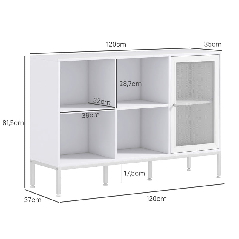 Aparador de Cozinha Moderno Móvel Auxiliar com Porta de Malha 4 Compartimentos Abertos e Estante Ajustável para Sala 120x37x81,5 cm Branco