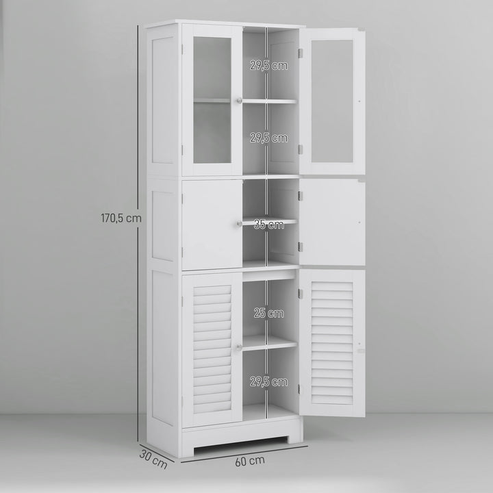 Coluna de Casa de Banho Móvel Auxiliar para Casa de Banho com 6 Portas Prateleiras Ajustáveis Anti-tombo Armário de Casa de Banho Moderno 60x30x170,5 cm Branco