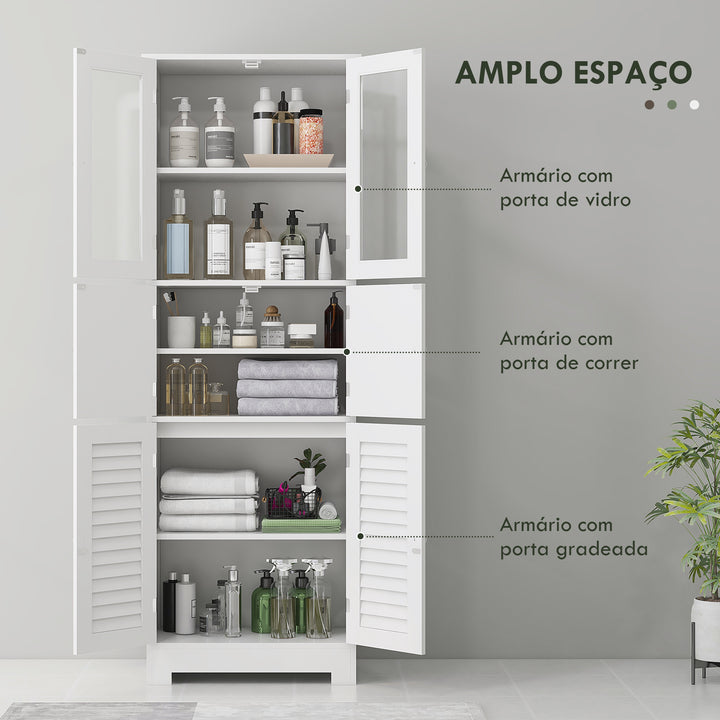 Coluna de Casa de Banho Móvel Auxiliar para Casa de Banho com 6 Portas Prateleiras Ajustáveis Anti-tombo Armário de Casa de Banho Moderno 60x30x170,5 cm Branco