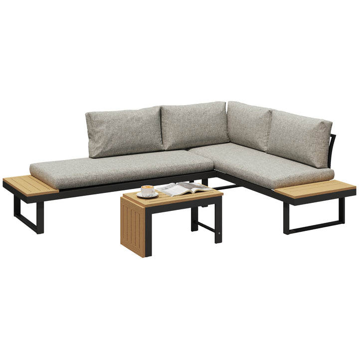 Conjunto de Jardim Exterior de 3 Peças, Sofá Exterior Seccional Resistente com 2 Sofás de 2 Lugares e Mesa de Centro Versátil, Estrutura de Alumínio e Almofadas, Cinzento Claro