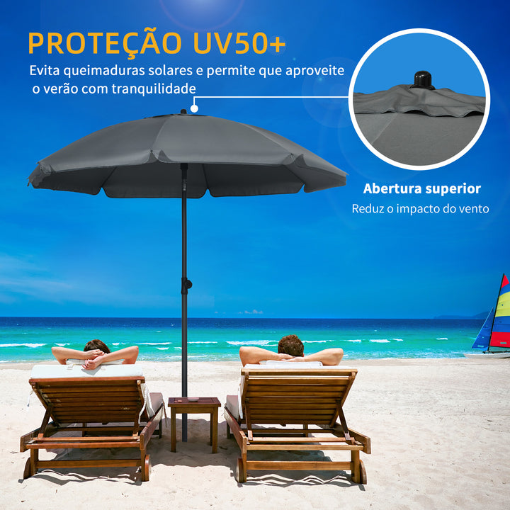 Chapéu de Sol de Praia Grande Ø180 cm Chapéu de Sol de Exterior com Ângulo Ajustável Proteção UV50+ Inpermeável Mastro de Ø32 mm Cinza