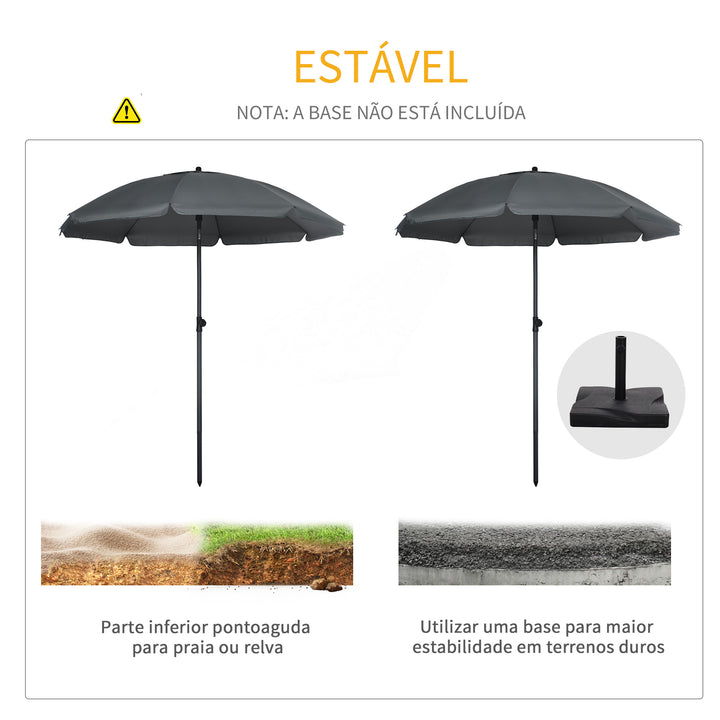 Chapéu de Sol de Praia Grande Ø180 cm Chapéu de Sol de Exterior com Ângulo Ajustável Proteção UV50+ Inpermeável Mastro de Ø32 mm Cinza