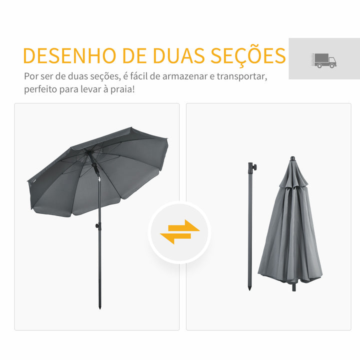 Chapéu de Sol de Praia Grande Ø180 cm Chapéu de Sol de Exterior com Ângulo Ajustável Proteção UV50+ Inpermeável Mastro de Ø32 mm Cinza