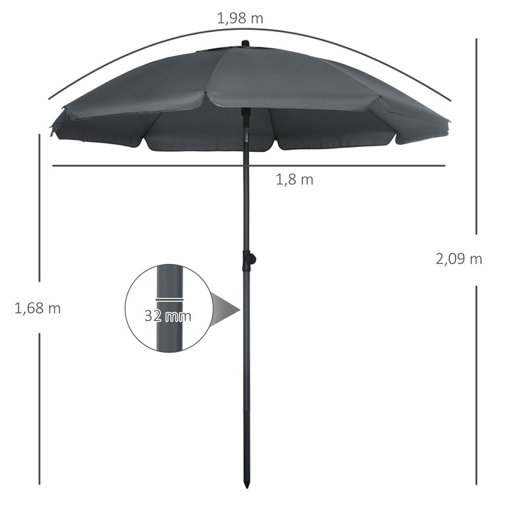 Chapéu de Sol de Praia Grande Ø180 cm Chapéu de Sol de Exterior com Ângulo Ajustável Proteção UV50+ Inpermeável Mastro de Ø32 mm Cinza