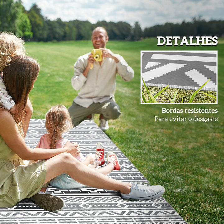 Tapete de Exterior 182x274 cm Tapete Reversível com Desenho Geométrico Impermeável e Bolsa de Transporte para Varanda Pátio Campismo Praia Cinza Escuro