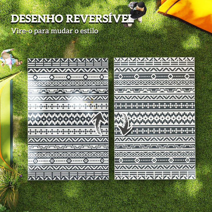 Tapete de Exterior 182x274 cm Tapete Reversível com Desenho Geométrico Impermeável e Bolsa de Transporte para Varanda Pátio Campismo Praia Cinza Escuro