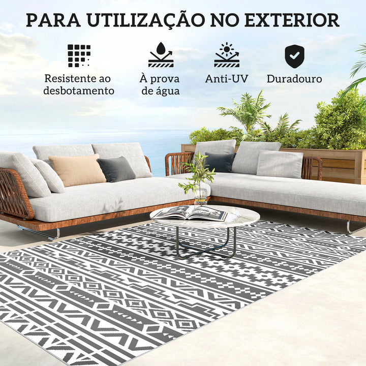 Tapete de Exterior 182x274 cm Tapete Reversível com Desenho Geométrico Impermeável e Bolsa de Transporte para Varanda Pátio Campismo Praia Cinza Escuro
