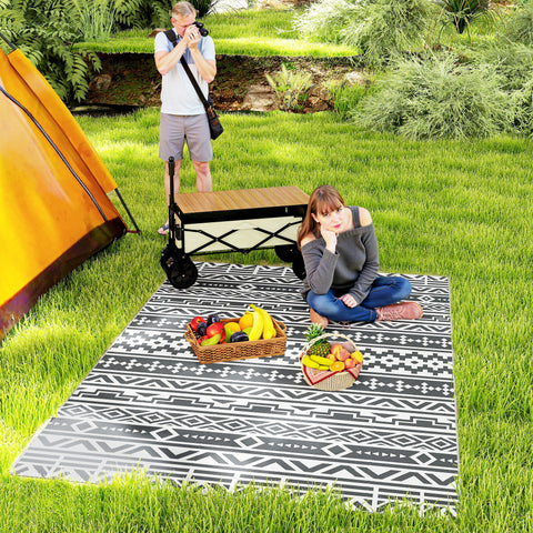 Tapete de Exterior 182x274 cm Tapete Reversível com Desenho Geométrico Impermeável e Bolsa de Transporte para Varanda Pátio Campismo Praia Cinza Escuro