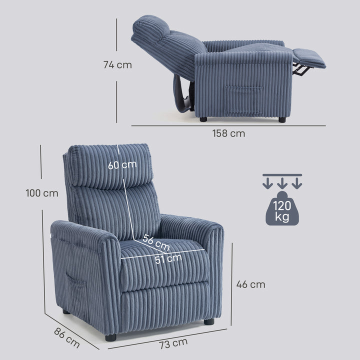 Poltrona Relax Reclinável Poltrona Reclinável Manual Estofada em Veludo Instalação Rápida Apoio para Pés Acolchoamento Grosso Para Sala de Estar Quarto Escritório 73x86x100 cm Azul Escuro