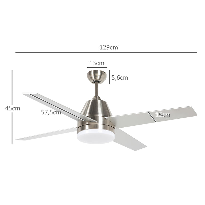 Ventoinha de Teto com Luz 46W Ø129 cm Motor DC Ventoinha de Teto Silencioso com 4 Lâminas Reversíveis Controlo Remoto 6 Velocidades e Temporizador para Quarto Sala Prata