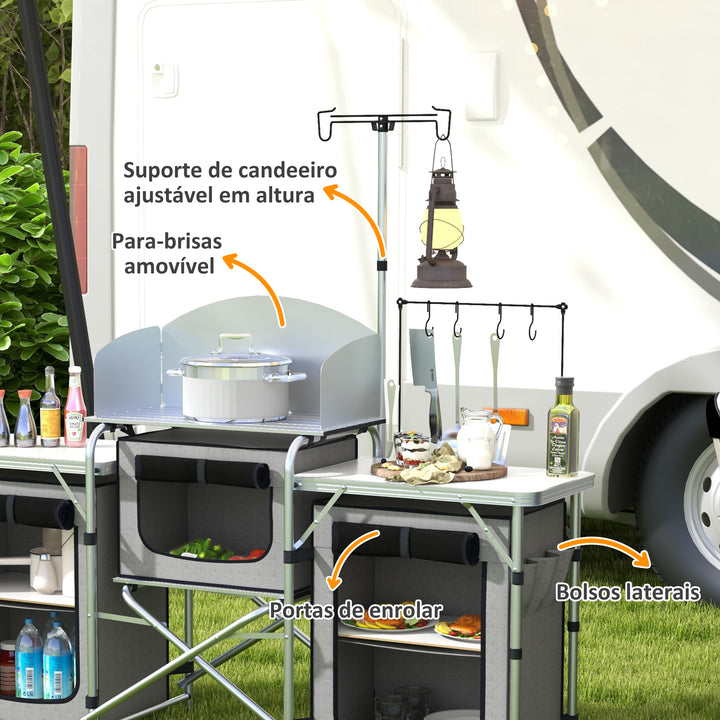 Móvel de Cozinha para Campismo Armário para Campismo Dobrável com 3 Tampos 3 Armários Suporte de Luz 4 Ganchos e Bolsa de Transporte para Campismo Piquenique 172x48x119 cm Cinza
