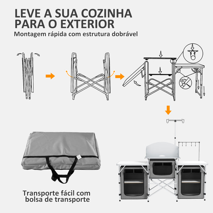Móvel de Cozinha para Campismo Armário para Campismo Dobrável com 3 Tampos 3 Armários Suporte de Luz 4 Ganchos e Bolsa de Transporte para Campismo Piquenique 172x48x119 cm Cinza
