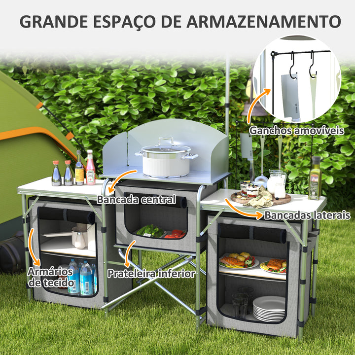 Móvel de Cozinha para Campismo Armário para Campismo Dobrável com 3 Tampos 3 Armários Suporte de Luz 4 Ganchos e Bolsa de Transporte para Campismo Piquenique 172x48x119 cm Cinza
