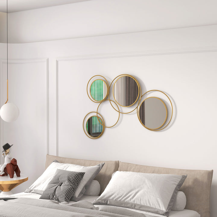 Espelho Decorativo de Parede em Metal 3D Decoração de Parede Metálica com 4 Espelhos Redondos para Sala Quarto Corredor 110x68 cm Dourado