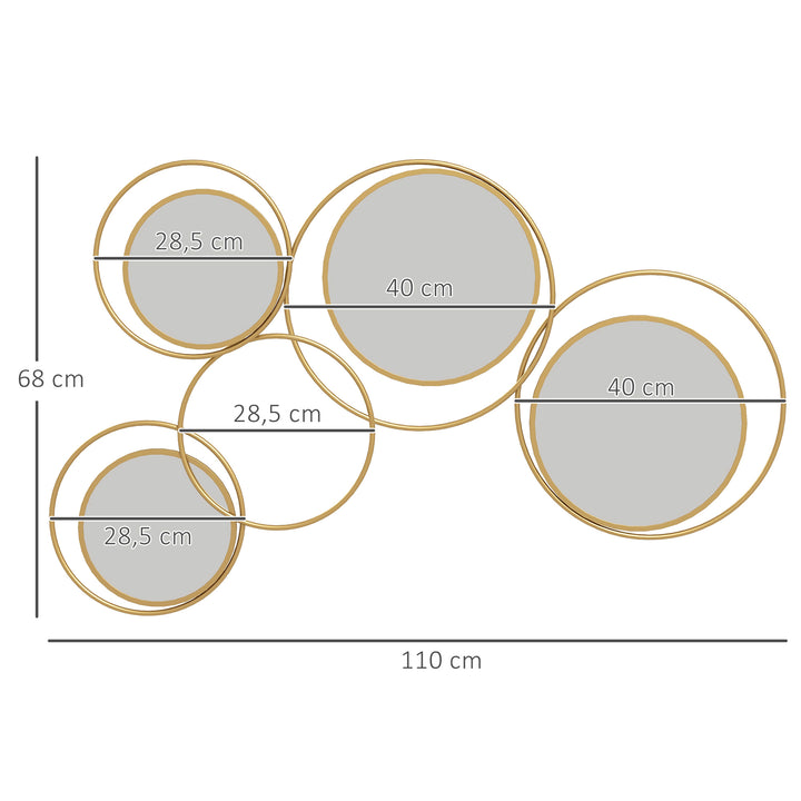 Espelho Decorativo de Parede em Metal 3D Decoração de Parede Metálica com 4 Espelhos Redondos para Sala Quarto Corredor 110x68 cm Dourado