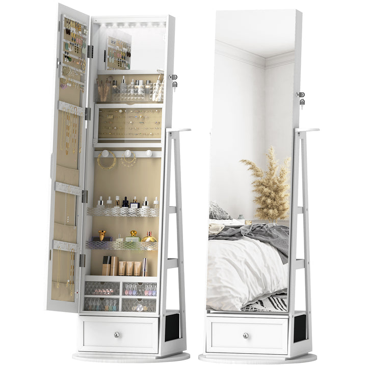 Espelho de Pé Giratório 360° com Espelho com Interior Iluminado Organizador de Jóias com Espelho de Corpo Inteiro Prateleiras e Gavetas para Quarto ou Closet 56x56x164 cm Madeira