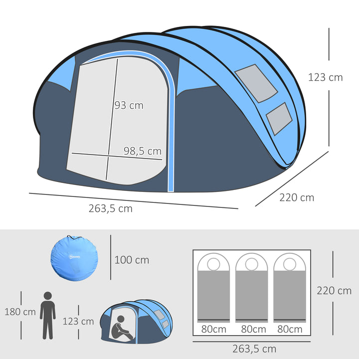 Tenda de Campismo Pop-up para 4-5 Pessoas Tenda de Campismo Instantânea com Janelas Bolsos e Bolsa de Transporte Impermeável Anti-UV 263,5x220x123 cm Azul