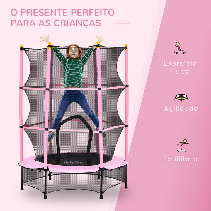 Trampolim para Crianças acima de 3 Anos Cama Elástica Infantil com Rede de Segurança e Estrutura de Aço para Interiores e Exteriores Carga 50kg Ø140x190 cm Rosa