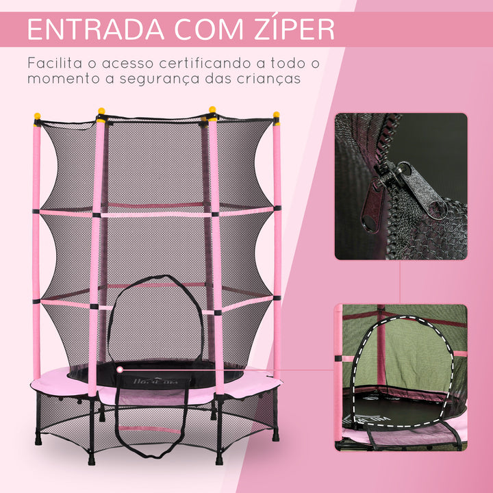Trampolim para Crianças acima de 3 Anos Cama Elástica Infantil com Rede de Segurança e Estrutura de Aço para Interiores e Exteriores Carga 50kg Ø140x190 cm Rosa