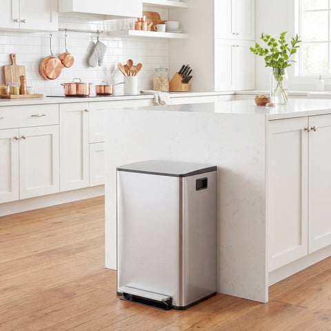 Balde de Lixo de Cozinha com 2 Compartimentos 2x30L Cubo de Lixo de Aço Inoxidável com Pedal Fechamento Suave e Cubo Amovível para Escritório Cozinha Prata