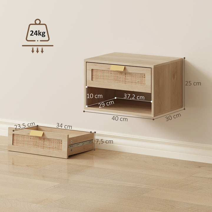 Conjunto de 2 Mesas de Cabeceira Suspensas Mesas de Cabeceira com Gaveta de Vime Prateleira Aberta Economiza Espaço Design Nórdico para Sala de Estar 40x30x25 cm Carvalho