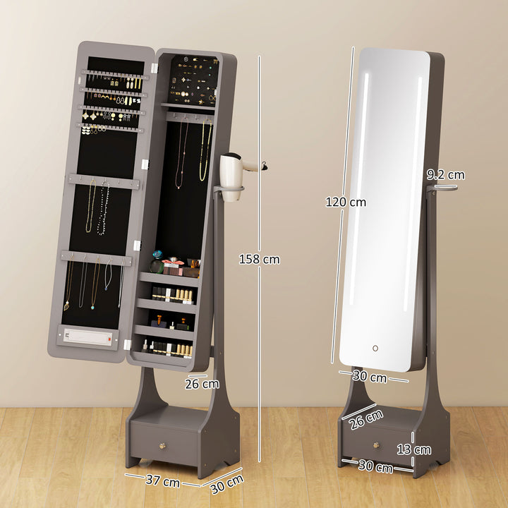 Espelho para Joias com Luzes LED Armário para Joias com Espelho de Corpo Inteiro Ajustável Gaveta Interruptor Tátil e Luzes com Desligar Automático Cinzento