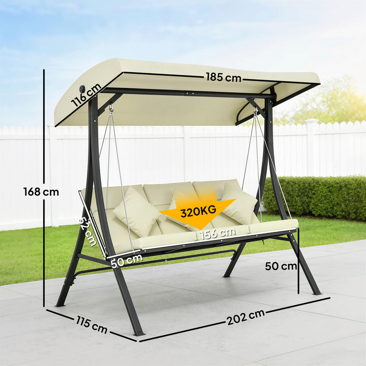 Baloiço de Jardim Exterior de 3 Lugares Baloiço com Toldo Ajustável Almofadas e Estrutura de Aço para Terraço ou Jardim Suporta até 320 kg 202x115x168 cm Bege