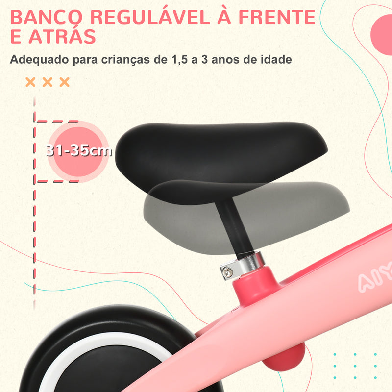 Bicicleta sem Pedais para Crianças de 18-36 Meses Bicicleta de Equilíbrio com Assento Ajustável em Altura Suporta 25 kg 67,5x32x44 cm Rosa