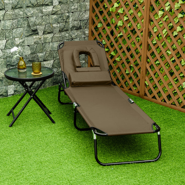 Espreguiçadeira Dobrável com Encosto Ajustável em 4 Posições Espreguiçadeira de Jardim com Orifício para Leitura Almofada Estrutura Metálica e Tecido Oxford para Praia Terraço Carga 120 kg 190x56x28 cm Castanho