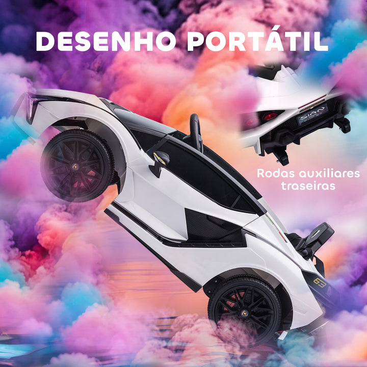 Carro Elétrico Lamborghini SIAN 12V para Crianças acima de 3 Anos com Controle Remoto Abertura da Porta Música MP3 USB e Faróis 108x62x40 cm Branco