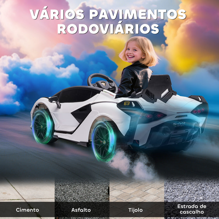 Carro Elétrico Lamborghini SIAN 12V para Crianças acima de 3 Anos com Controle Remoto Abertura da Porta Música MP3 USB e Faróis 108x62x40 cm Branco