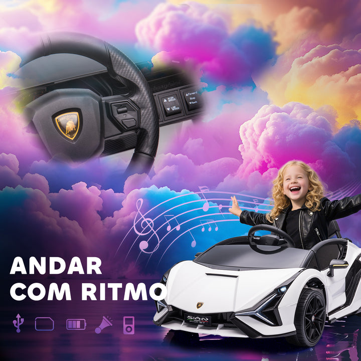 Carro Elétrico Lamborghini SIAN 12V para Crianças acima de 3 Anos com Controle Remoto Abertura da Porta Música MP3 USB e Faróis 108x62x40 cm Branco