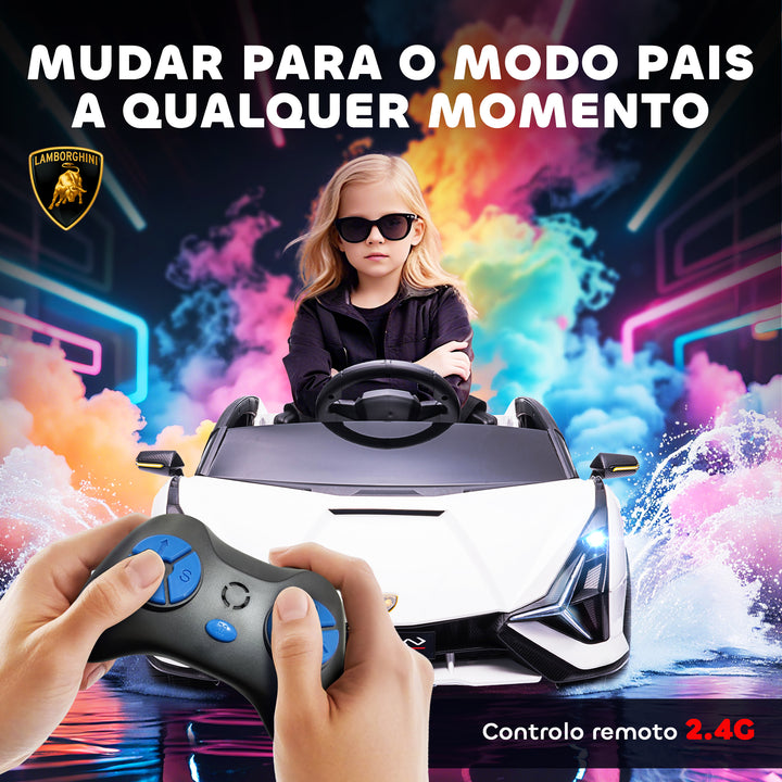 Carro Elétrico Lamborghini SIAN 12V para Crianças acima de 3 Anos com Controle Remoto Abertura da Porta Música MP3 USB e Faróis 108x62x40 cm Branco