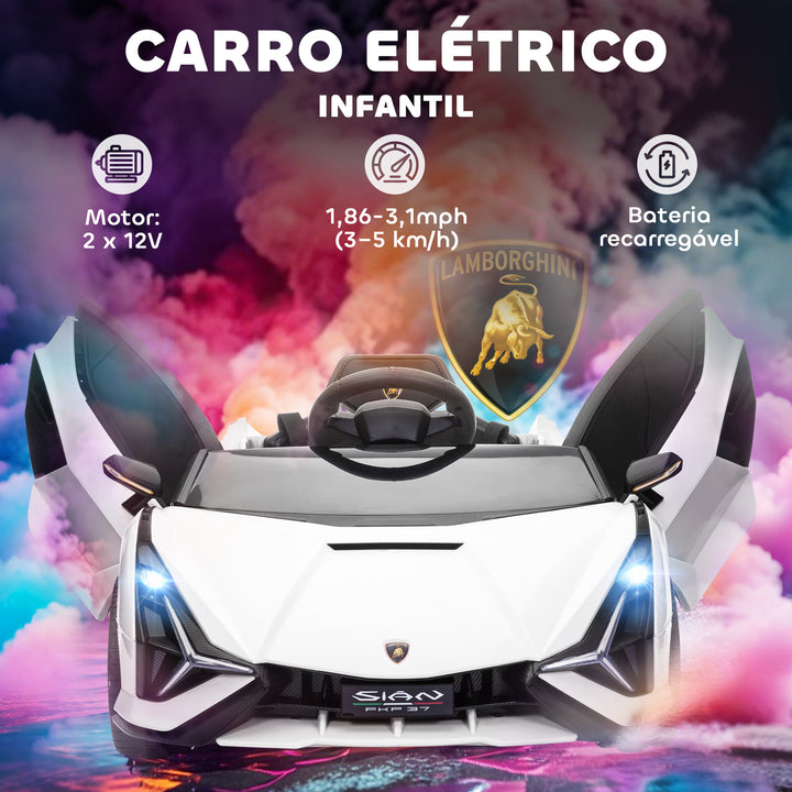 Carro Elétrico Lamborghini SIAN 12V para Crianças acima de 3 Anos com Controle Remoto Abertura da Porta Música MP3 USB e Faróis 108x62x40 cm Branco
