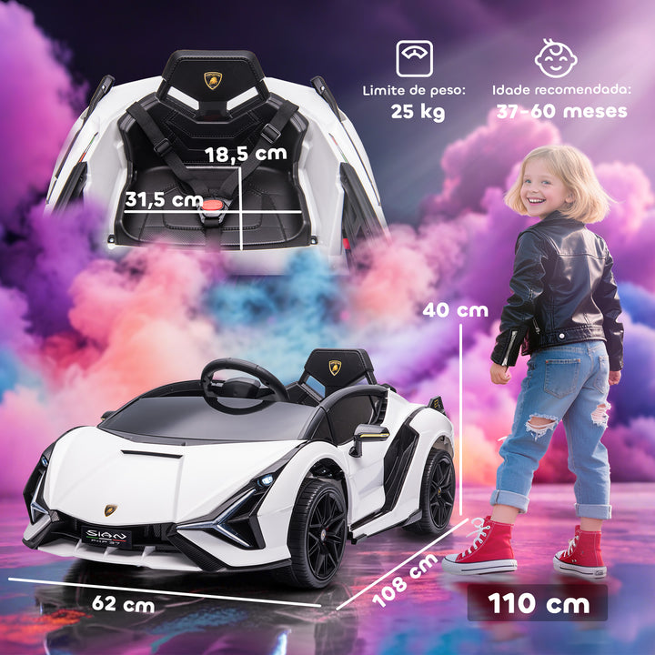 Carro Elétrico Lamborghini SIAN 12V para Crianças acima de 3 Anos com Controle Remoto Abertura da Porta Música MP3 USB e Faróis 108x62x40 cm Branco