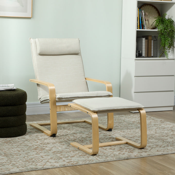 Poltrona com Otomano Poltrona de Leitura com Encosto Alto Apoio de Cabeça Removível Pernas de Madeira e Estofado em Linho Poltrona para Sala de Estar Quarto Escritório 67x78x92 cm Creme